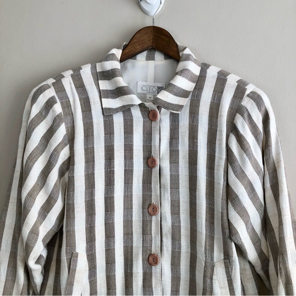 Cleo Petites Vintage Linen Blend Stripe Jacket Tan Cream Button Front Size Small - Picture 4 of 16